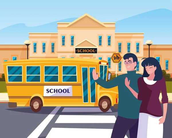 Föräldrar adjö av buss skola i väg — Stock vektor