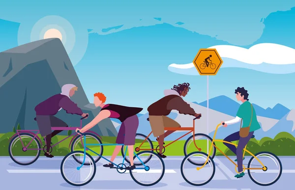 Hommes à vélo dans le paysage avec signalisation pour cycliste — Image vectorielle