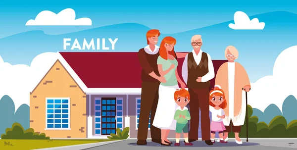 Cute family with facade house in poster — Stock Vector