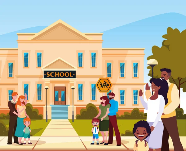 Skolans fasad med föräldrar och barn — Stock vektor