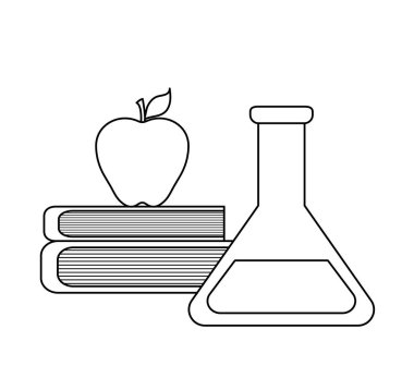 elma meyve ve tüp testi ile kütüphane kitap yığını