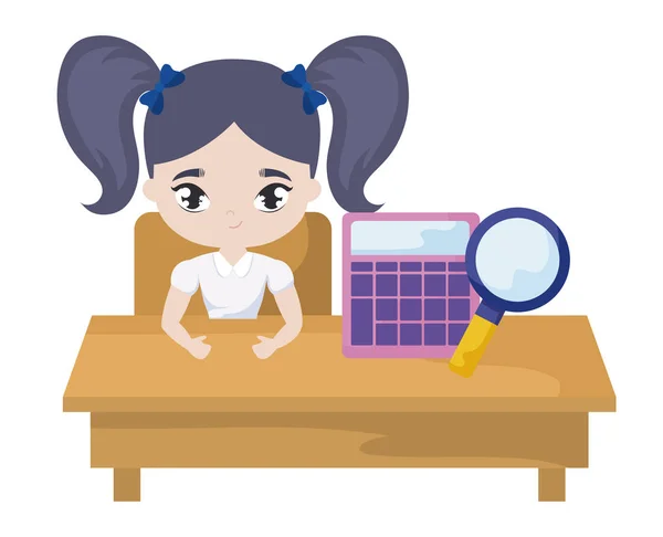 Malzeme eğitimi ile okul masasında oturan öğrenci kız — Stok Vektör