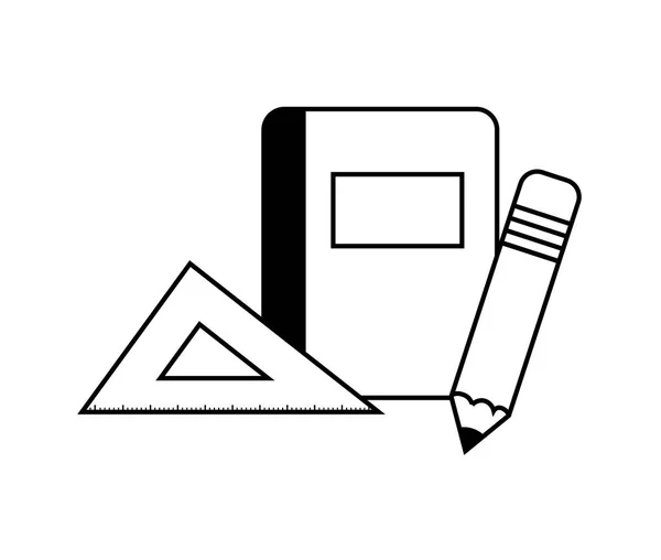 Libro de texto con reglas y suministros de lápiz — Vector de stock