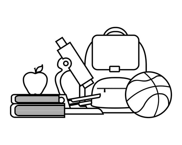 Σχολική τσάντα με μικροσκόπιο και σετ προμηθειών — Διανυσματικό Αρχείο