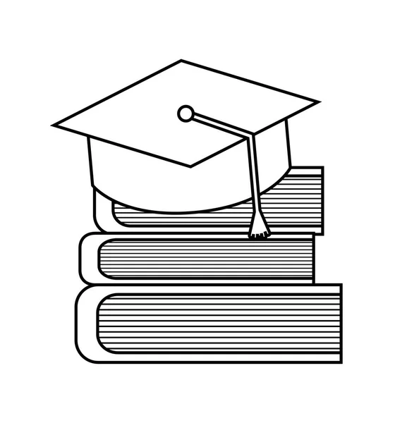 Stapel bibliotheek boeken met hoed afstuderen — Stockvector
