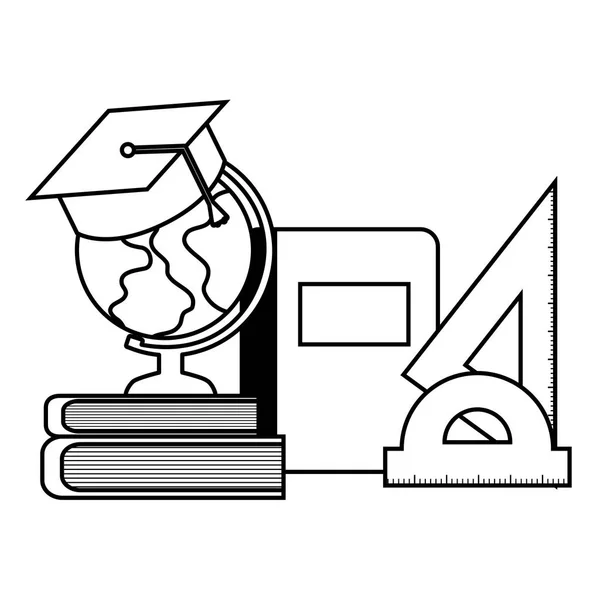 모자 졸업 및 세트 용품이있는 도서관 책 — 스톡 벡터