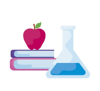 elma meyve ve tüp testi ile kütüphane kitap yığını