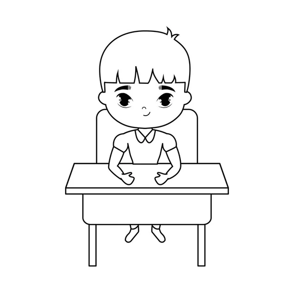 Pequeño estudiante sentado en el escritorio de la escuela — Vector de stock