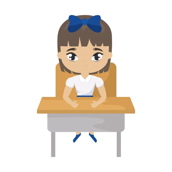 Niña estudiante sentada en el escritorio de la escuela — Vector de stock