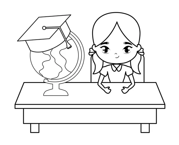 학교 책상에 앉아 있는 학생 소녀 와 용품 교육 — 스톡 벡터