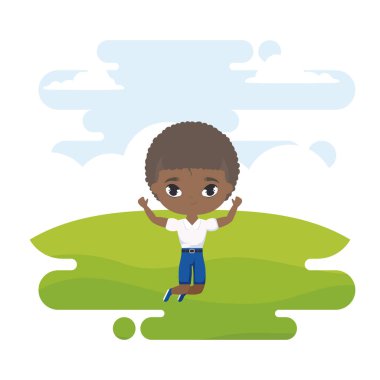 manzara sahnesinde sevimli küçük öğrenci çocuk afro