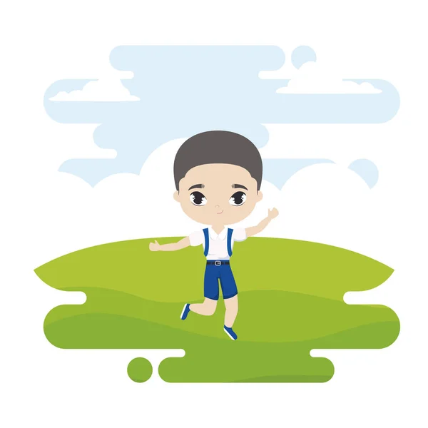 Cute little student boy in landscape scene — Stock Vector