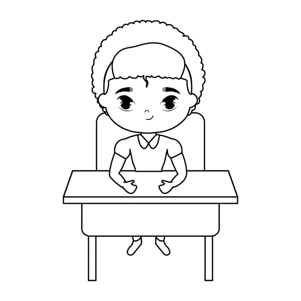 Liten student pojke sitter i skolan skrivbord — Stock vektor