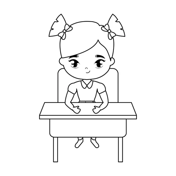 Okul masasında oturan küçük öğrenci kız — Stok Vektör