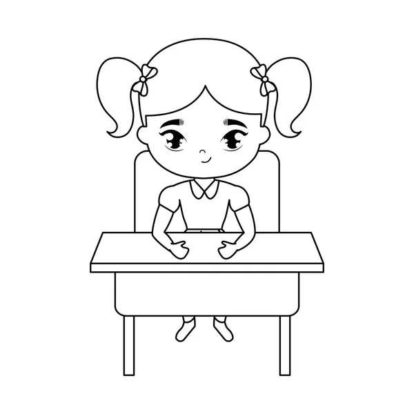 Piccola studentessa seduta nella scrivania della scuola — Vettoriale Stock