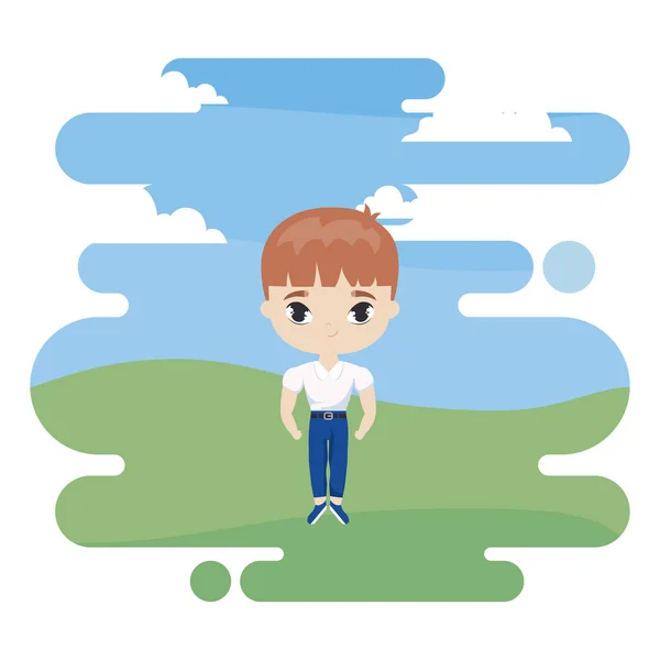 Cute little student boy in landscape scene — Stock Vector