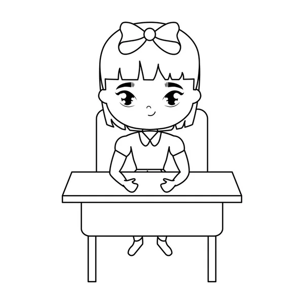 Niña estudiante sentada en el escritorio de la escuela — Vector de stock