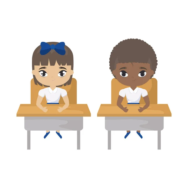 Küçük öğrenciler okul sıralarında oturmuş — Stok Vektör