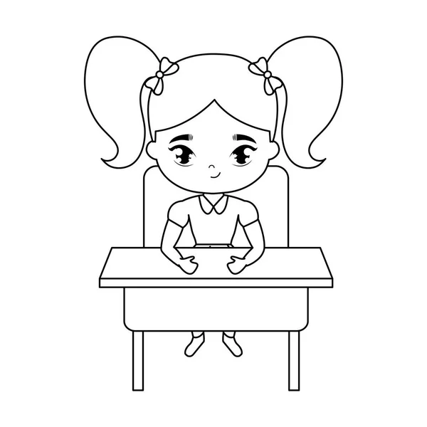 Liten student tjej som sitter i skol disken — Stock vektor