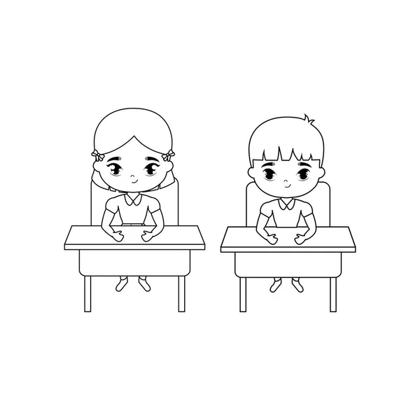 Kleine Schüler sitzen auf Schulbänken — Stockvektor
