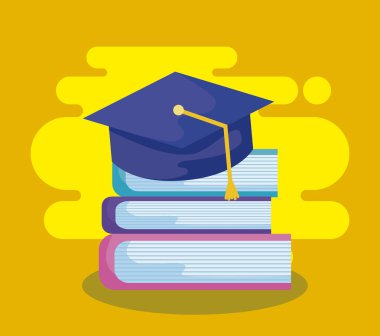 şapka mezuniyet ile kütüphane kitapları yığını