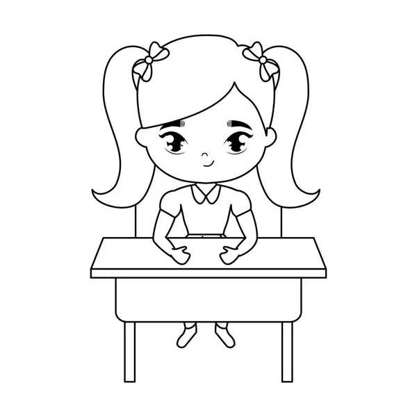 Niña estudiante sentada en el escritorio de la escuela — Vector de stock