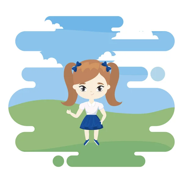 Linda niña estudiante en escena de paisaje — Vector de stock