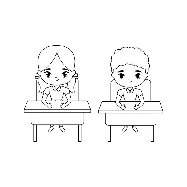 Piccoli studenti seduti nelle scrivanie scolastiche — Vettoriale Stock