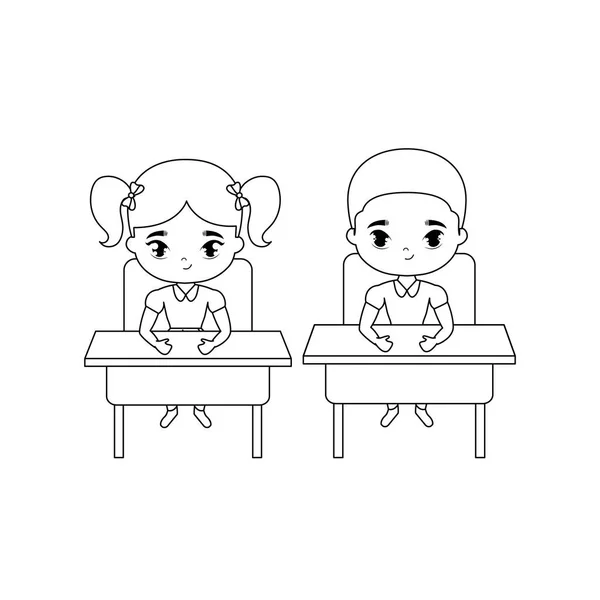 Küçük öğrenciler okul sıralarında oturmuş — Stok Vektör