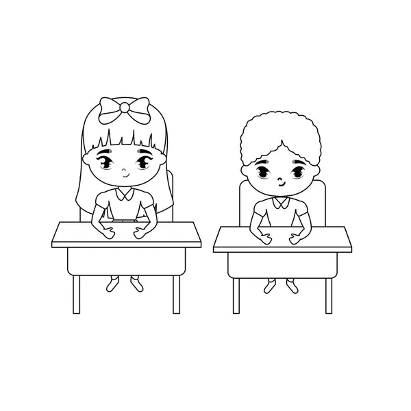 Μικροί φοιτητές που κάθονται στα σχολικά γραφεία — Διανυσματικό Αρχείο