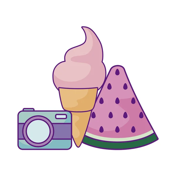 Macchina fotografica con gelato e anguria — Vettoriale Stock