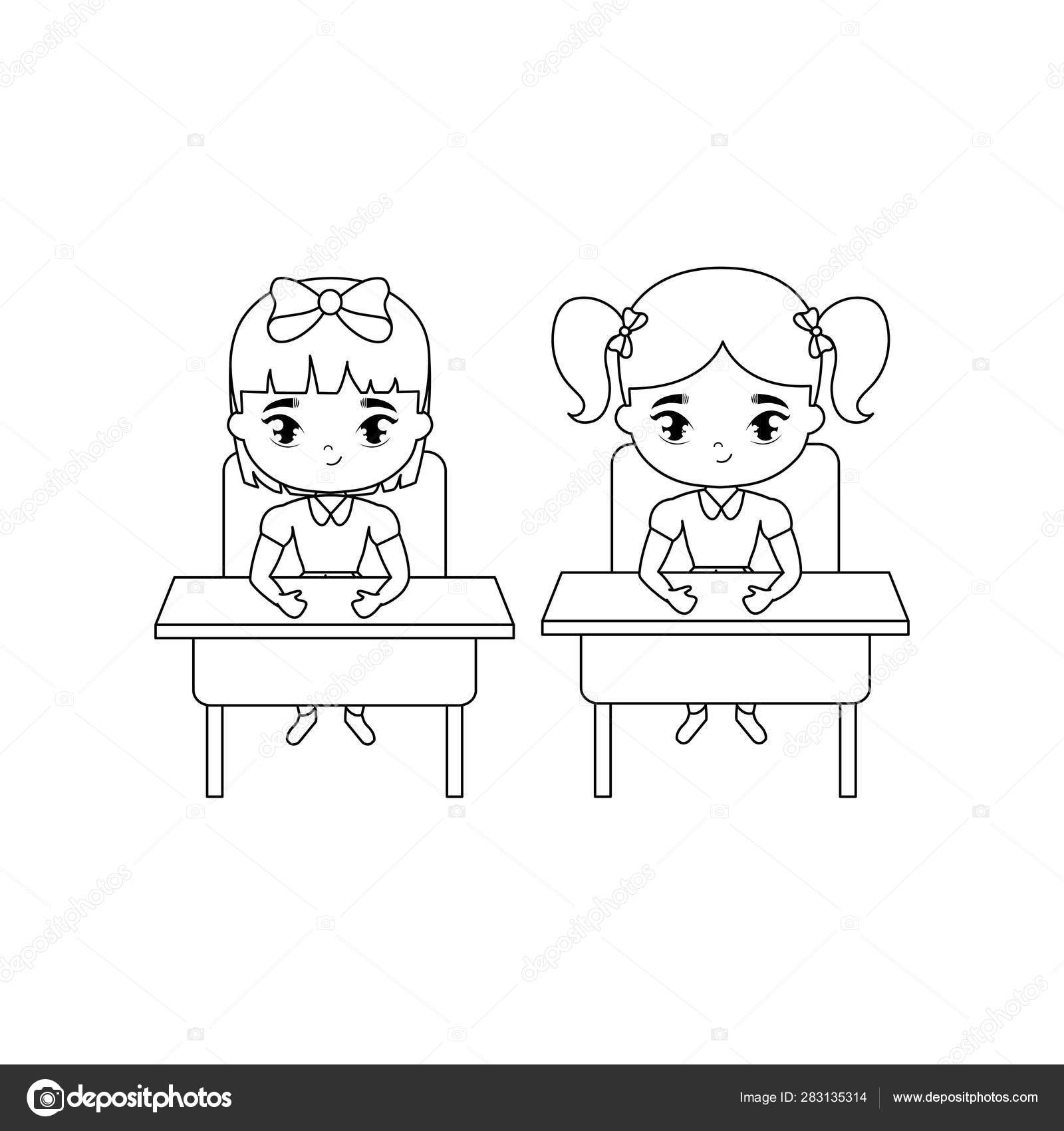 Little Student Girls Seated In School Desks Stock Vector C Djv