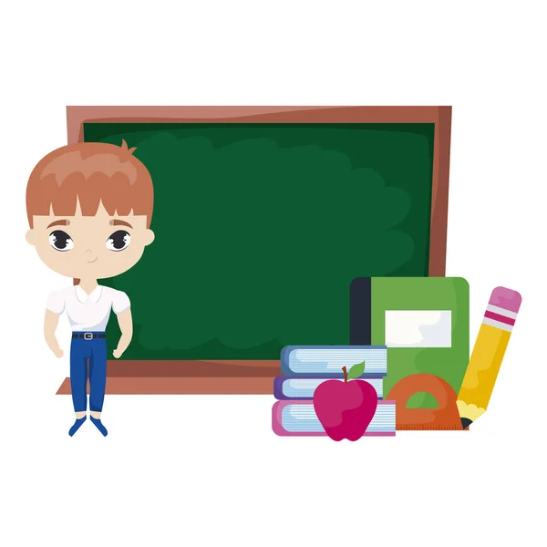 Cute little student boy with board and supplies school — Stock Vector