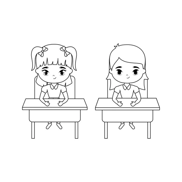 Meninas estudante pequenos sentados em mesas de escola — Vetor de Stock