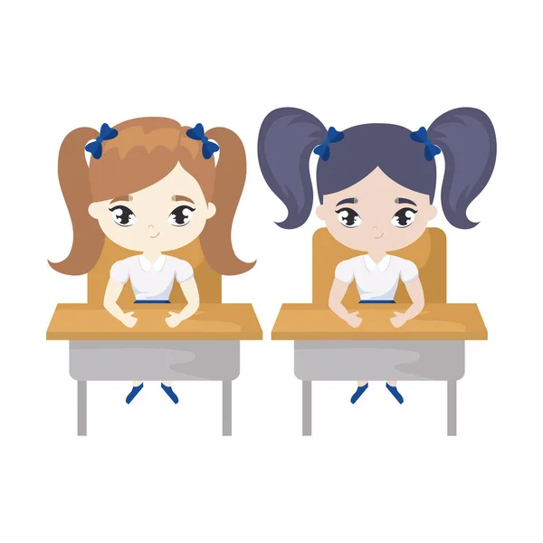 Okul sıralarında oturan küçük öğrenci kızlar — Stok Vektör