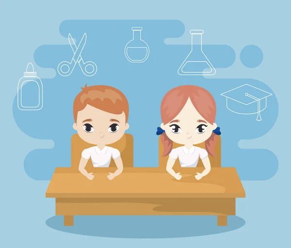 Malzeme eğitimi ile okul masasında oturan küçük öğrenciler — Stok Vektör