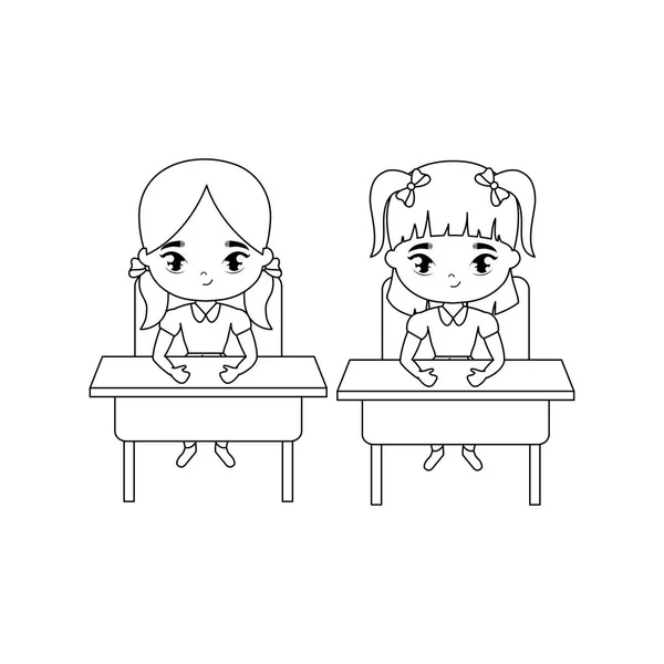 Little student girls seated in school desks — Stock Vector