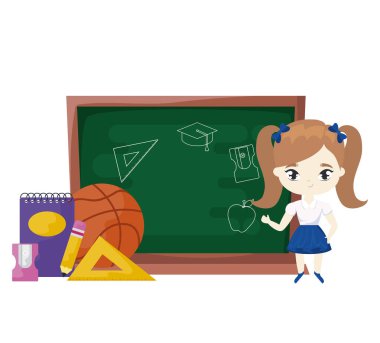 yönetim kurulu ve malzemeleri okul ile sevimli küçük öğrenci kız