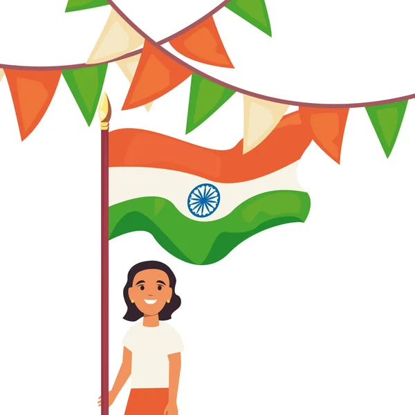 Mujer joven con bandera india día de la independencia — Vector de stock