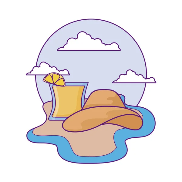 Καπέλο θηλυκό με γυαλί χυμό στην παραλία — Διανυσματικό Αρχείο
