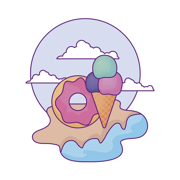 美味的冰淇淋与甜甜圈糕点在海滩 — 图库矢量图片