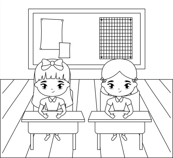 Sınıf sahnesinde küçük öğrenci kızlar — Stok Vektör