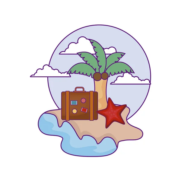 Palma tropicale con stelle marine e valigia in spiaggia — Vettoriale Stock