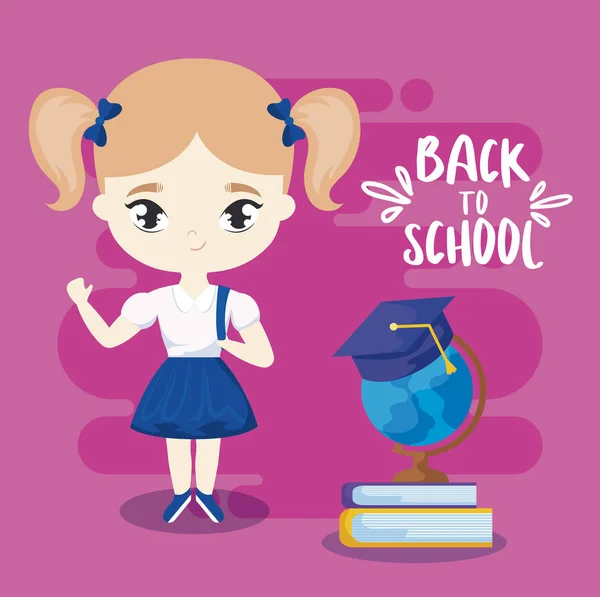 Zurück in die Schule mit kleinem Studentmädchen und liefert Bildung — Stockvektor