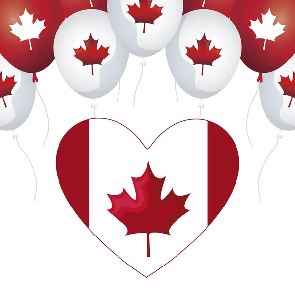 Bandeira do Canadá em forma de coração com balões de hélio — Vetor de Stock