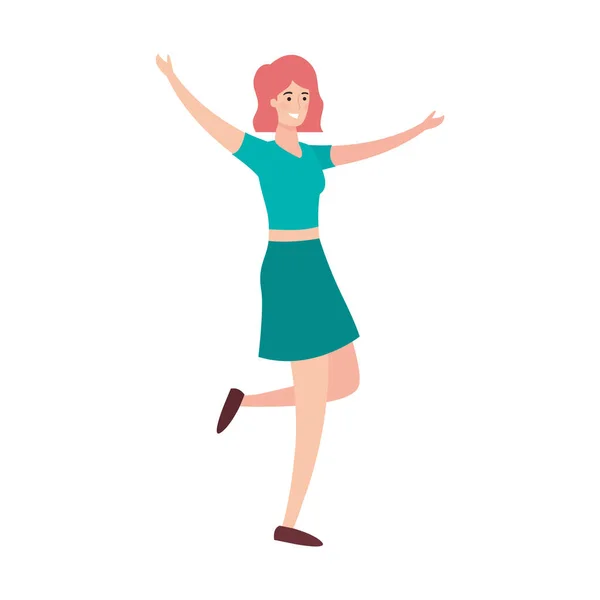 Mujer feliz joven personaje sobre fondo blanco — Vector de stock