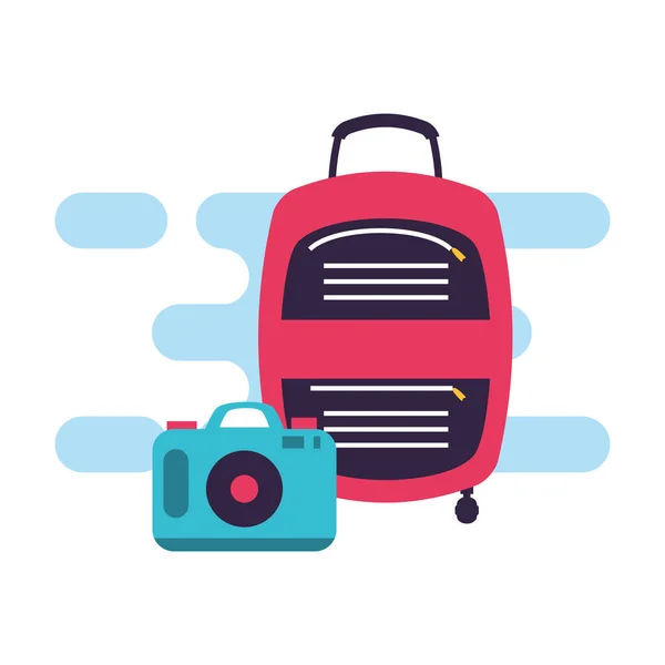 Equipamento de mala de viagem com câmera fotográfica — Vetor de Stock