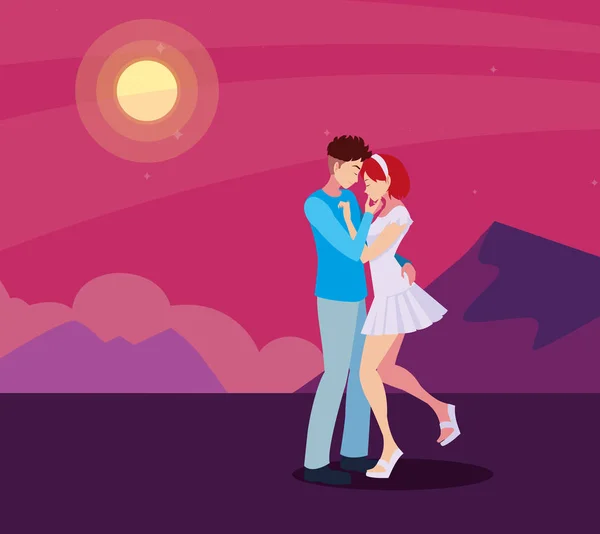 Romantic couple hugging sun landscape — Stock Vector