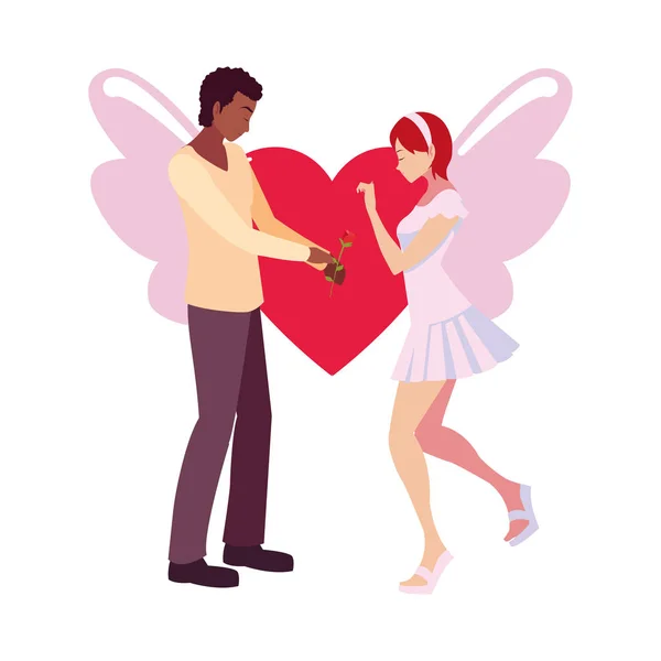 커플 로맨틱 한 꽃 심장 사랑 날개 — 스톡 벡터