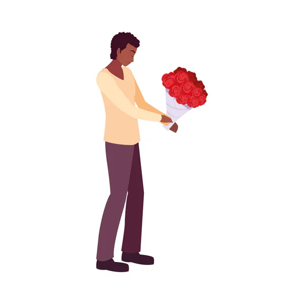 Homme romantique avec bouquet de fleurs — Image vectorielle